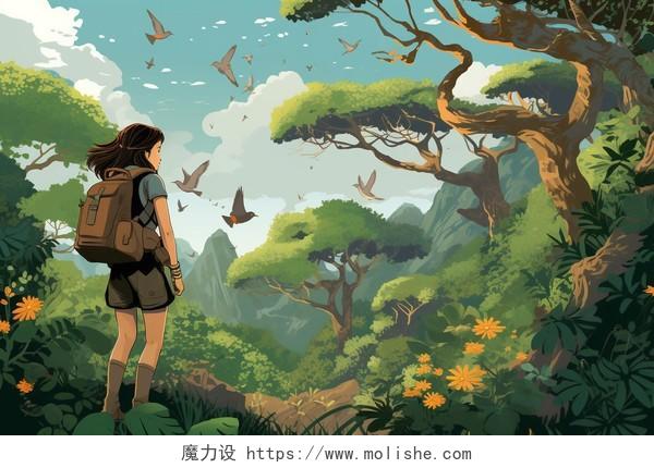 一个女士丛林探险卡通AI插画
